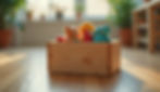Eye-level view of a handmade wooden toy box with colorful toys inside