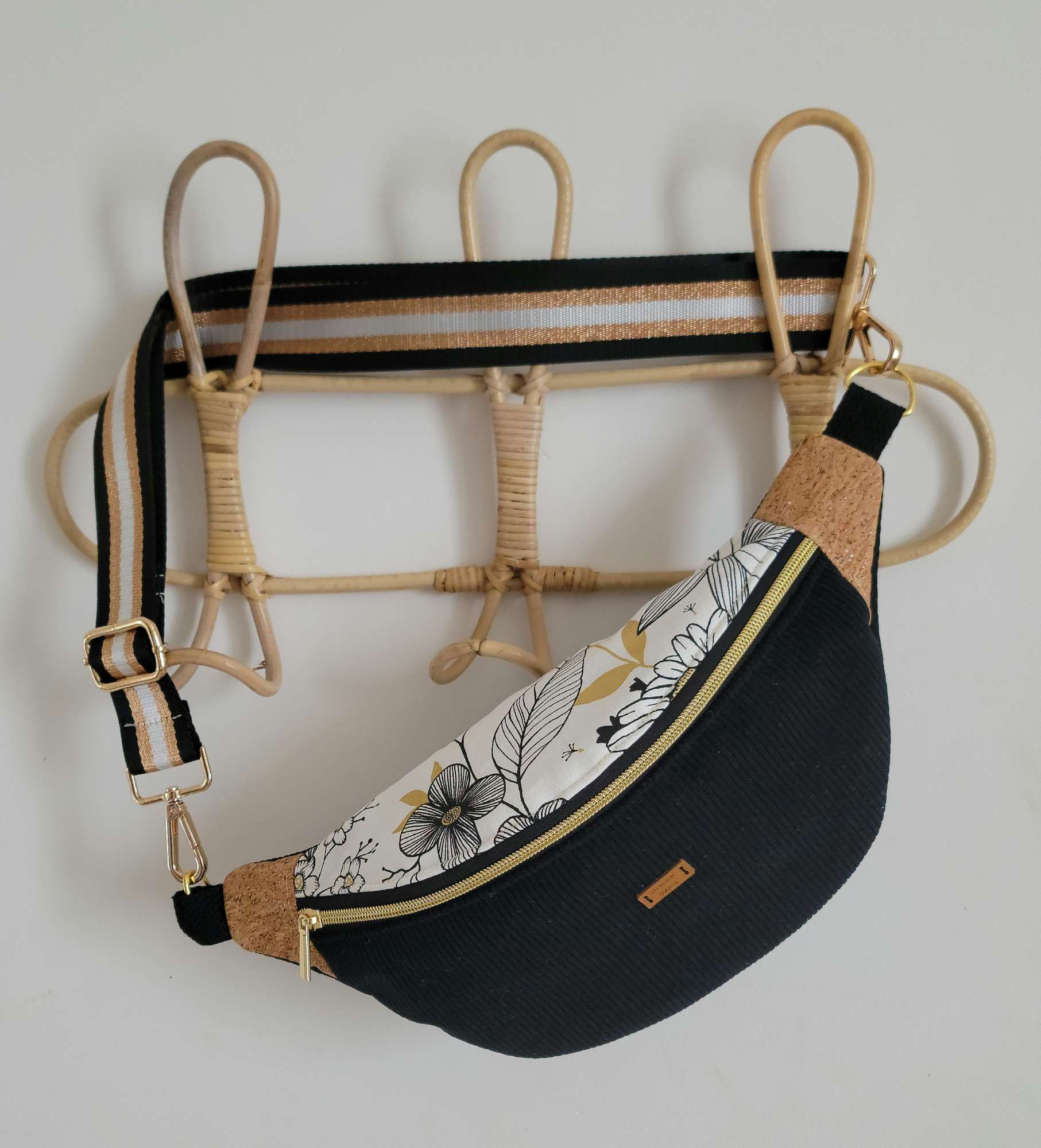   Sac banane velours cotelé noir fleuri, Taille M