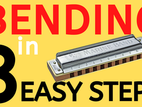 Image of diatonic harmonica in front of yellow background. Text: "BENDING IN 3 EASY STEPS"