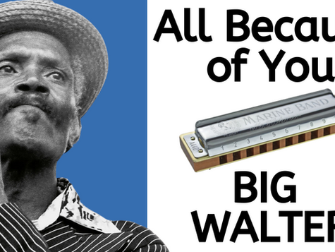Black and white photo of harmonica player Walter Horton. Text 'All Because of You - Big Walter'