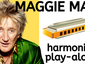 Rod Stewart in green jacket. Diatonic harmonica. TEXT: MAGGIE MAY harmonica play-along