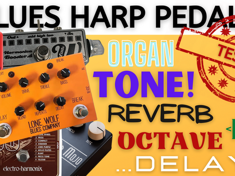 Pile of harmonica pedals. Text: 'BLUES HARP PEDALS ORGAN TONE! REVERB OCTAVE EQ DELAY TESTED