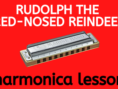 Diatonic harmonica in front of red background. Text reading "RUDOLPH THE RED-NOSED REINDEER harmonica lesson"