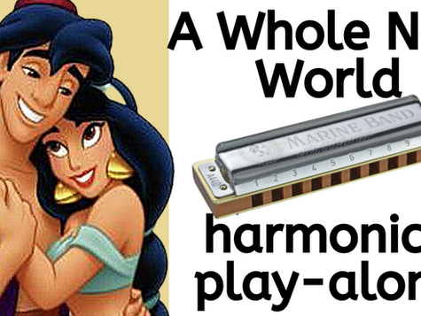 Disney's cartoon Aladdin in embrace with Princess Jasmin, beside a diatonic harmonica and the title 'A Whole New World harmonica play-along'