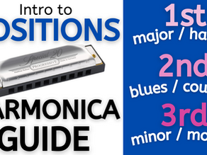 Harmonica with text 'Intro to Positions - Harmonica Guide - 1st major / happy, 2nd blues / country, 3rd minor / moody'