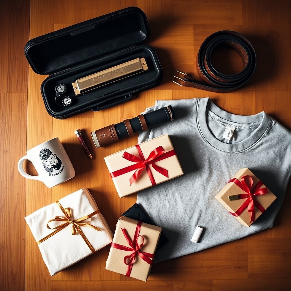 A flat lay of harmonica gifts.