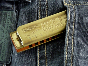 Golden harmonica poking out of denim pocket.