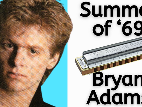 Head and shoulders of Bryan Adams. Diatonic harmonica. Text: Summer of '69 Bryan Adams 