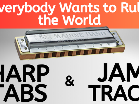 Diatonic harmonica. Text: "Everybody Wants to Rule the World HARP TABS & JAM TRACKS"