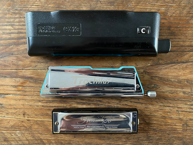 Chromatic harmonica, Trochilus harmonica, diatonic harmonica, all sitting on wooden table.