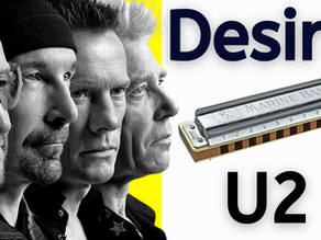 A thumbnail of a photograph of the band U2 set infront of a yellow background, with a photograph of a Marine Band Harmonica and the black text that reads Desire U2