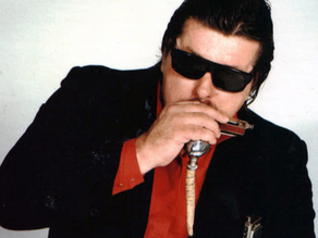 Man in sunglasses, slicked back hair, playing harmonica into microphone. Red shirt, black jacket. White wall behind.