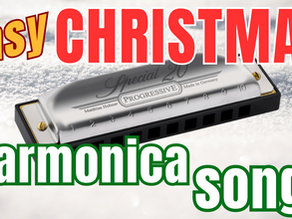 Harmonica sitting in snow. Text: easy CHRISTMAS harmonica songs