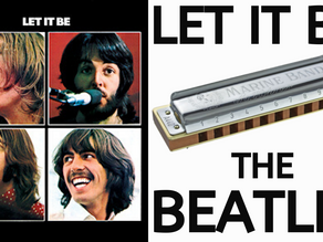 Photos of all four Beatles members, picture of harmonica, text 'Let It Be - The Beatles'