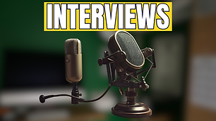 A thumbnail with a blurred office scene in the background, with a photograph of two podcast microphones, with text set in front of a yellow block, that reads 'interviews'