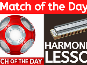 Red and white football. Diatonic harmonica. Text: 'Match of the Day HARMONICA LESSON'