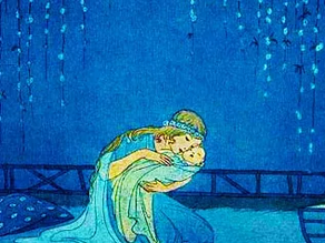 Artistic image of woman in blue dress crouched on the floor, holding a baby.