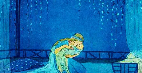 Artistic image of woman in blue dress crouched on the floor, holding a baby.