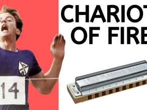 Image of man in blue shirt, with number 14 on his chest, running over finish line, take from the film Chariots of Fire. Image of harmonica. Text 'CHARIOTS OF FIRE'