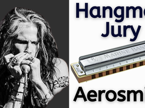 A thumbnail showing a photograph of Steven Tyler of Aerosmith playing the harmonica against a dark grey background on the left, and a photograph of a harmonica on the right of the thumbnail with the text: Hangman Jury Aerosmith in black, against a white background