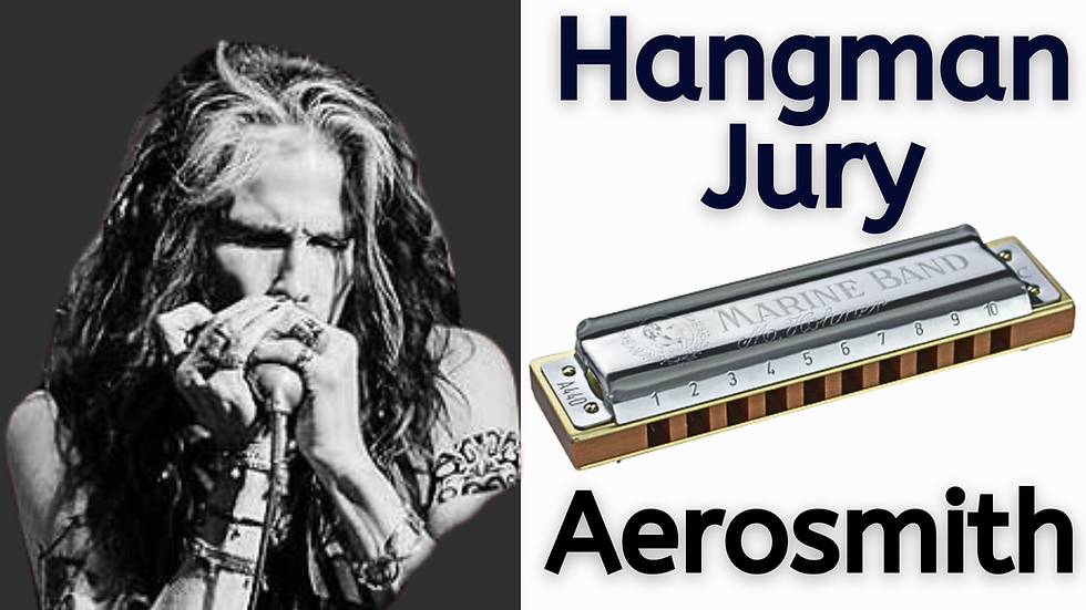 A thumbnail showing a photograph of Steven Tyler of Aerosmith playing the harmonica against a dark grey background on the left, and a photograph of a harmonica on the right of the thumbnail with the text: Hangman Jury Aerosmith in black, against a white background