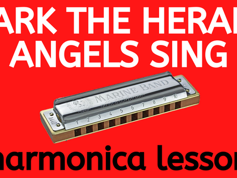 Diatonic harmonica with red background. Text "HARK THE HERALD ANGELS SING harmonica lesson"
