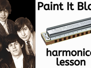 Black and white image of the band The Rolling Stones as young men. Image of harmonica. Text: "Paint It Black harmonica lesson"