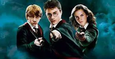 Image of Harry Potter, Ron Weasley and Hermione Granger from the Harry Potter film franchise.