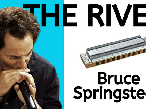 Bruce Springsteen playing harmonica into a microphone. Diatonic harmonica. Text: THE RIVER Bruce Springsteen