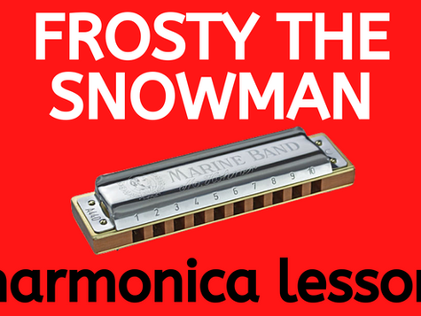 Diatonic harmonica with red background. Text: "FROSTY THE SNOWMAN harmonica lesson"