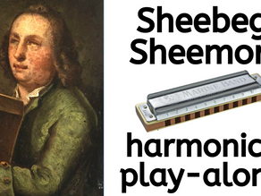 Picture of Irish harper O'Carolan holding harp. Title text 'Sheebeg Sheemore harmonica play-along' next to diatonic harmonica.