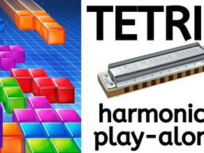 Image of Tetris board. Image of diatonic harmonica. Text 'Tetris harmonica play-along'