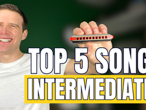 Smiling man, holding harmonica towards the camera. Text: "TOP 5 SONGS INTERMEDIATES"