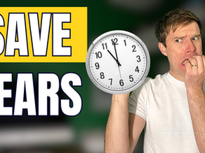 Man looking anxious, biting fingernails and holding up a clock face. Text: SAVE YEARS