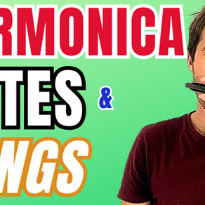 Man playingn harmonica with text 'HARMONICA NOTES & SONGS'