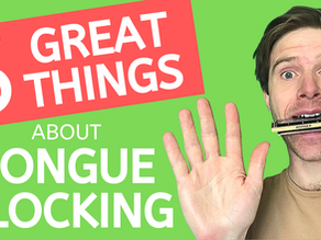 Man with harmonica gripped in his mouth, waving. Text: '5 great things about tongue blocking'