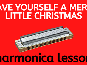 Image of diatonic harmonica with red background. Text: "HAVE YOURSELF A MERRY LITTLE CHRISTMAS harmonica lesson"