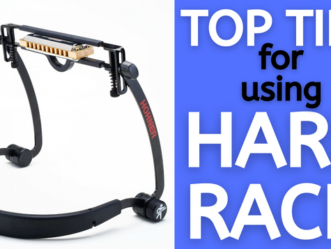 Harmonica in harmonica holder. Text: TOP TIPS for using HARP RACK