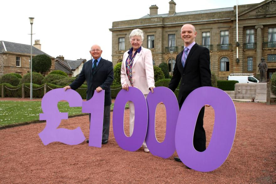 L-R Robert Graham, Councillor Sandra Goldie, and Robert Flynn from Ayrshire Hospice at County Buildings in Ayr