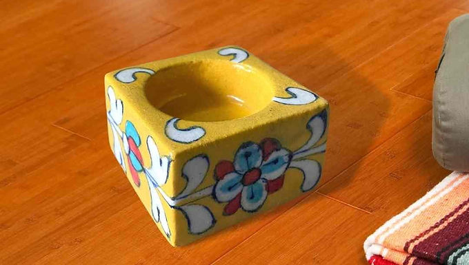 Mango yellow color Square Floral design blue pottery tea light holder