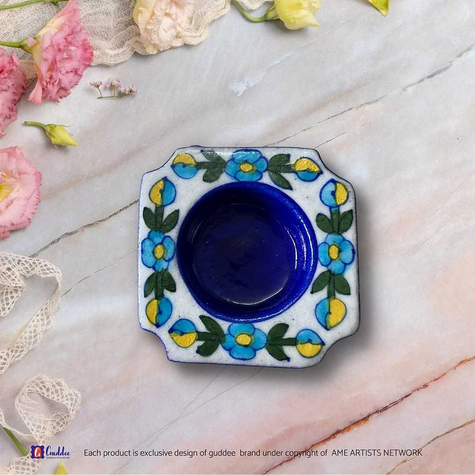 Thumbnail: Dark Blue Handcrafted blue pottery Floral  Mini Tea light holder