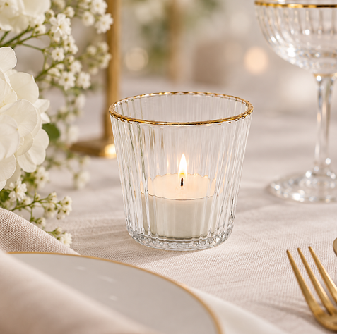 Gold-rimmed glass tealight holder glowing amongst white flowers and elegant tableware on a wedding table