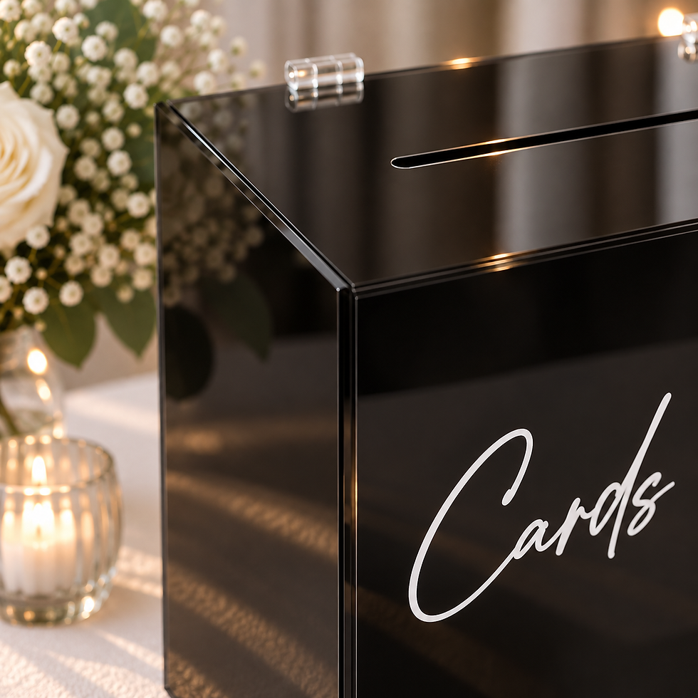Close-up of black gloss wedding card box with white Cards lettering