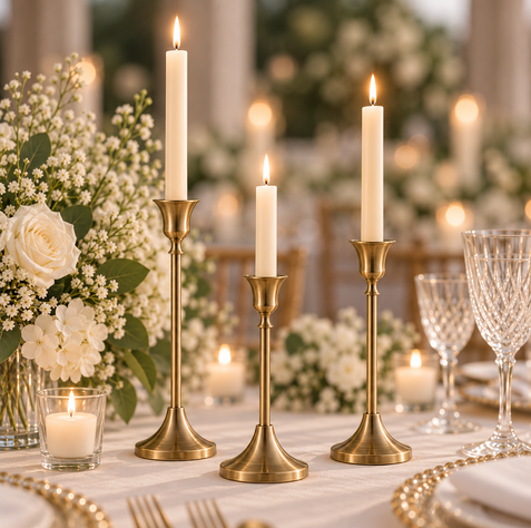 Antique gold wedding candle holders styled amongst white flowers and elegant tableware