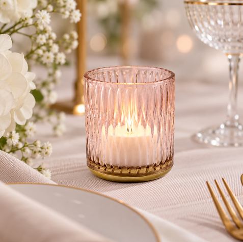 Pink ribbed glass tealight holder glowing amongst white flowers and elegant gold tableware on a romantic wedding table