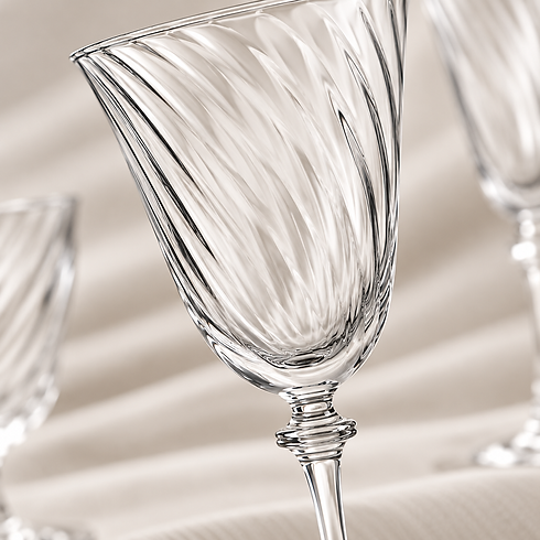 Close-up of clear swirl glassware showing twisted glass detailing