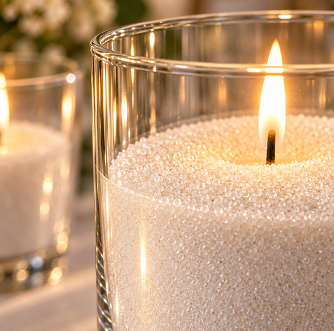 Close-up of fine ivory sand and glowing candle flame inside a clear glass hurricane vase