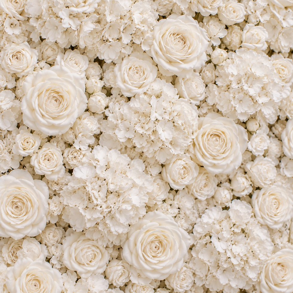 Close-up of Amelia Ivory Flower Wall showing densely layered ivory roses and floral detailing