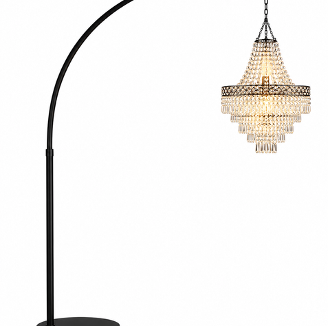 Free-standing wedding chandelier with black arched frame and crystal detailing