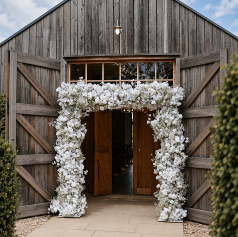 XL ivory floral arch framing the entrance of an elegant wedding venue